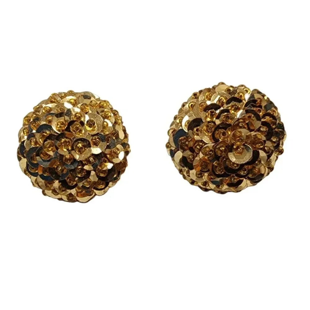 Vintage Beaded Sequined Cluster Stud Earrings Gold Tone